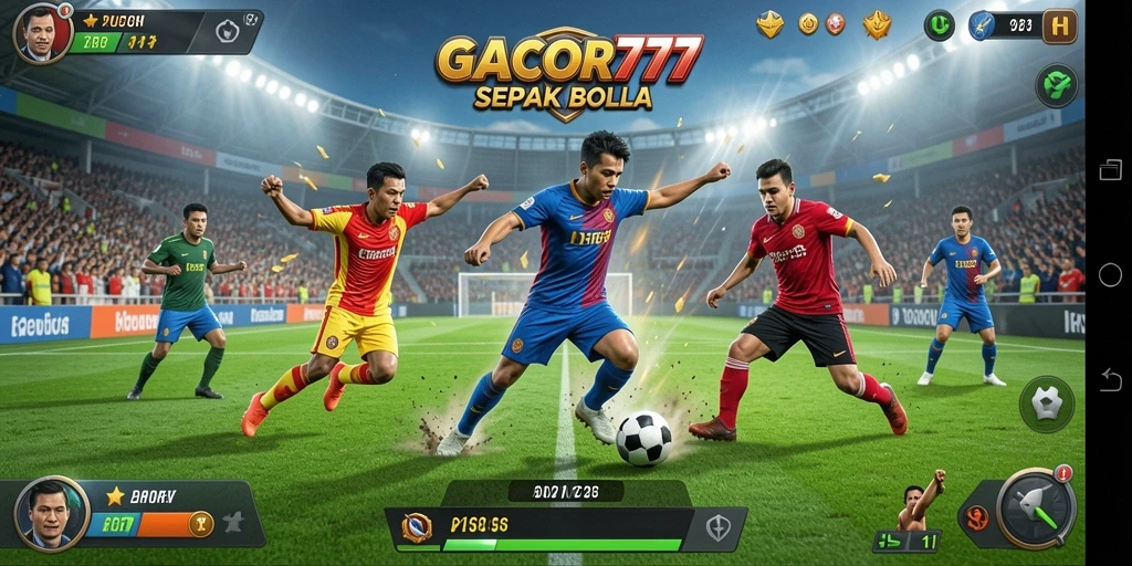 Screenshot GACOR777 menampilkan aksi seru di lapangan sepak bola.