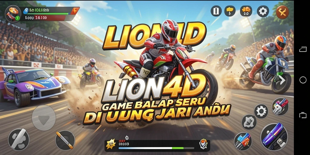 Tangkapan layar gameplay dari LION4D menampilkan mobil balap yang melaju kencang di trek yang menantang.