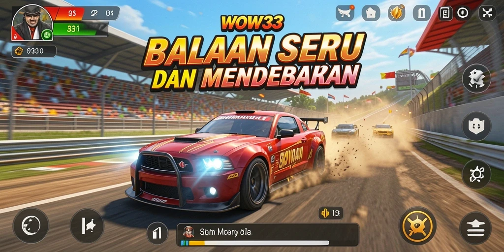 Screenshot gameplay menunjukkan mobil balap melaju kencang di trek menantang.